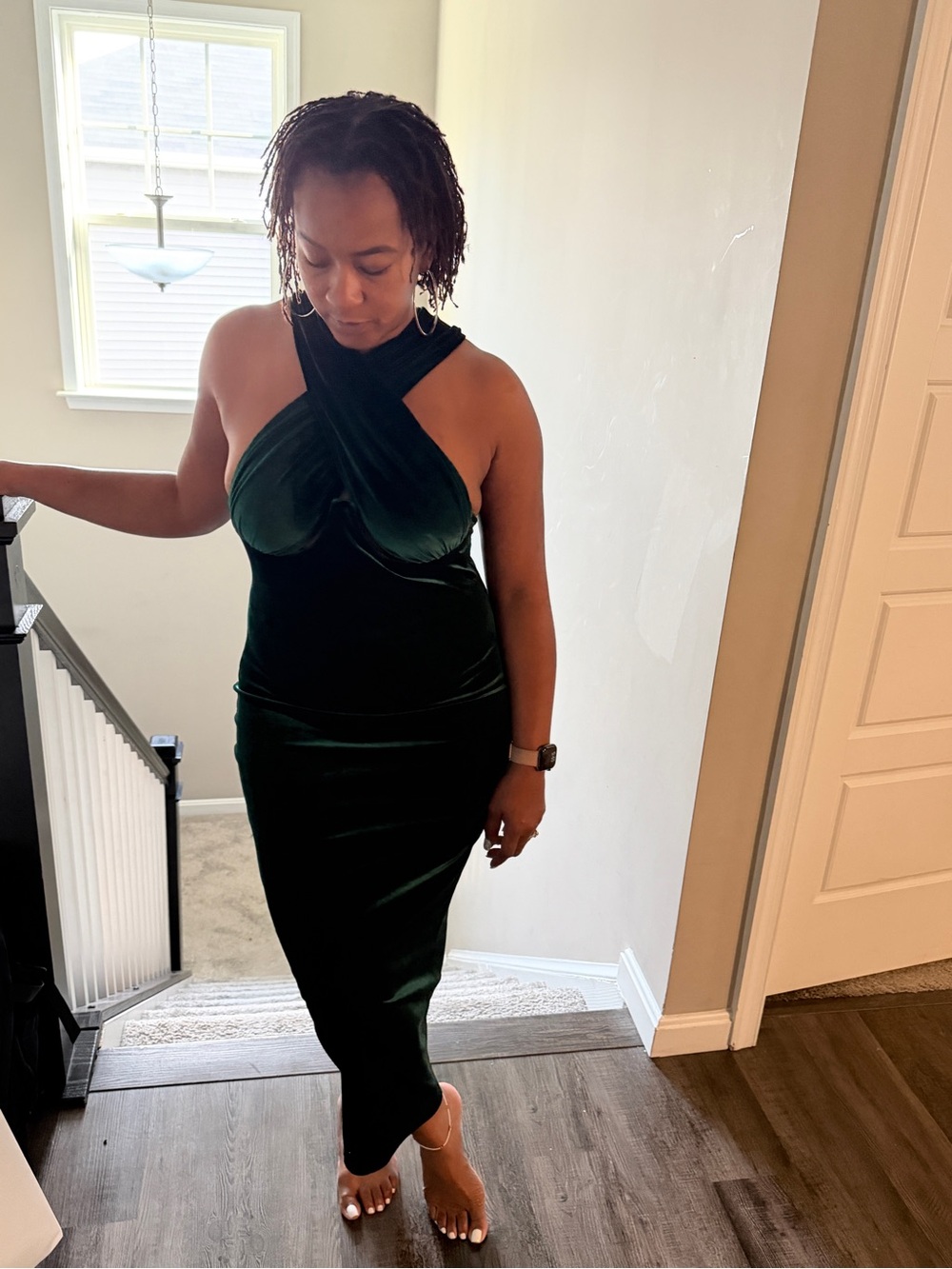 PrettyLittleThing Dark Green Crisscross Velvet Midi Dress